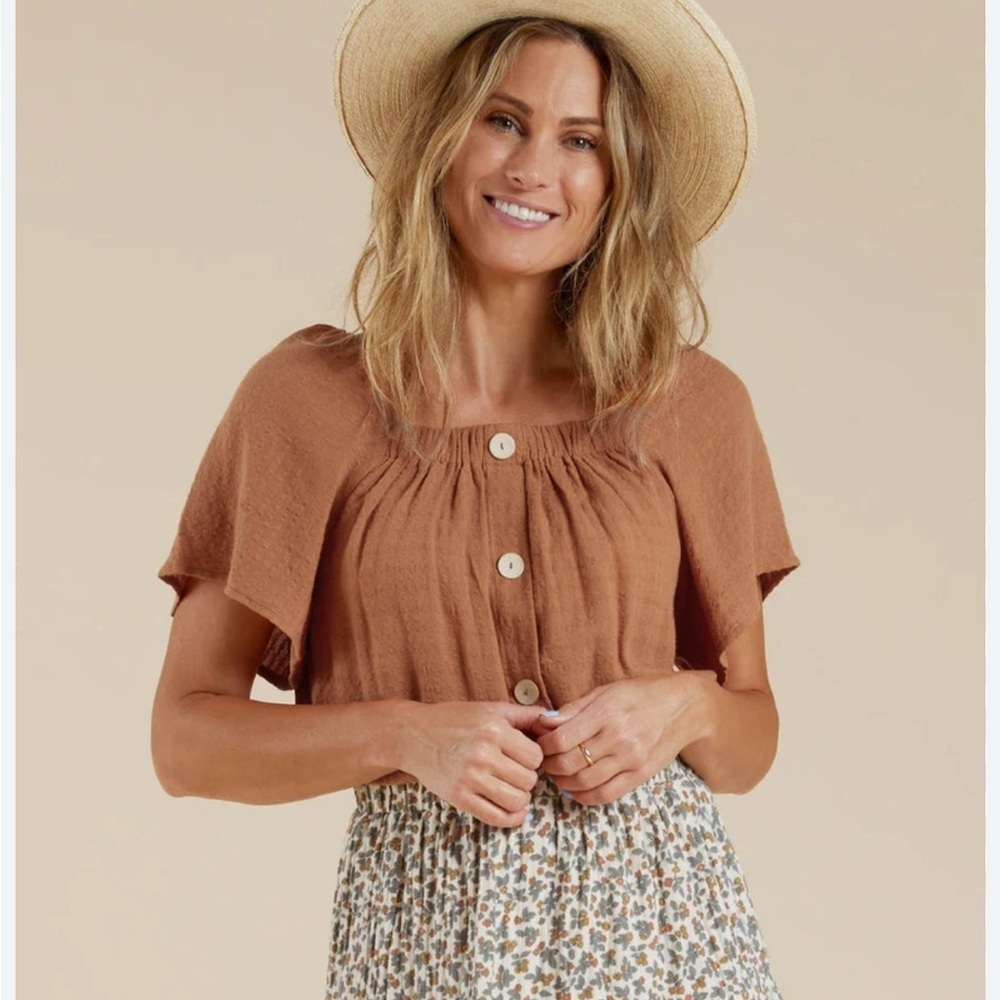 Rylee + Cru Leah Top Terracotta puff sleeve boho cottagecore neutral M Coastal